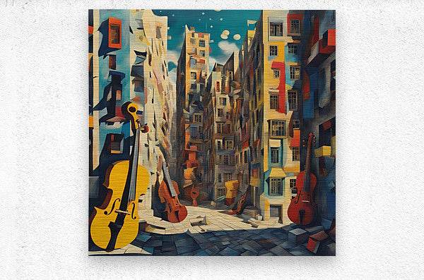 Colorful cityscape wall art with guitars and cello in a narrow street, buildings