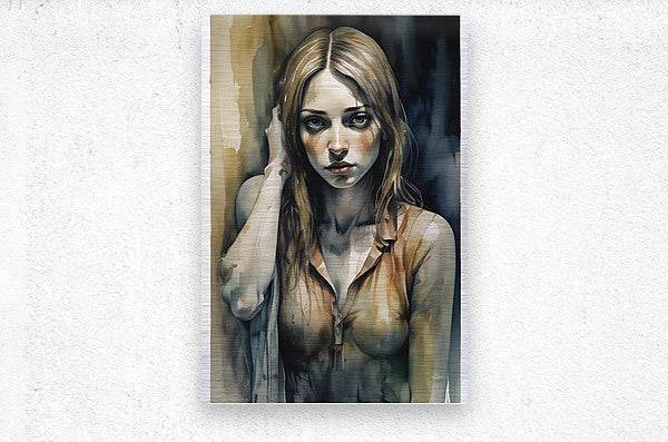 Framed watercolor portrait print of a blonde woman, front-facing with hand raised near hair.