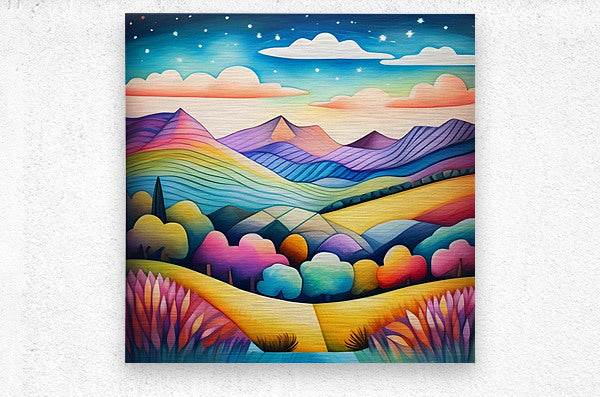 Rainbow mountain valley landscape with clouds and starry sky, bright multicolor horizon