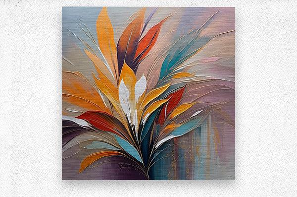 Square abstract botanical wall art with orange, teal, and red leaf-like strokes
