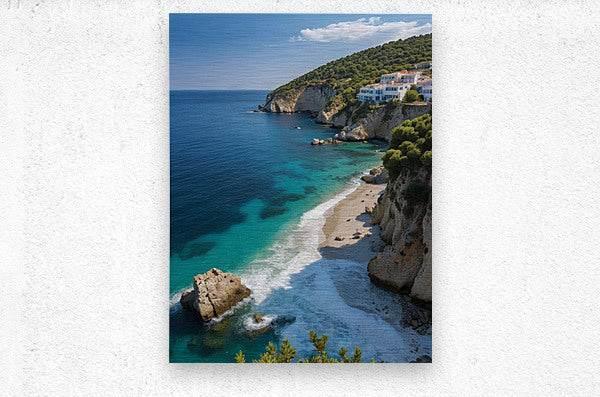 Square print of turquoise coastline with sandy cove and hillside white buildings