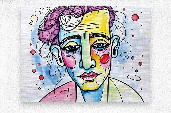 Close-up abstract face portrait artwork with curly purple hair, colorful cheeks, and dots