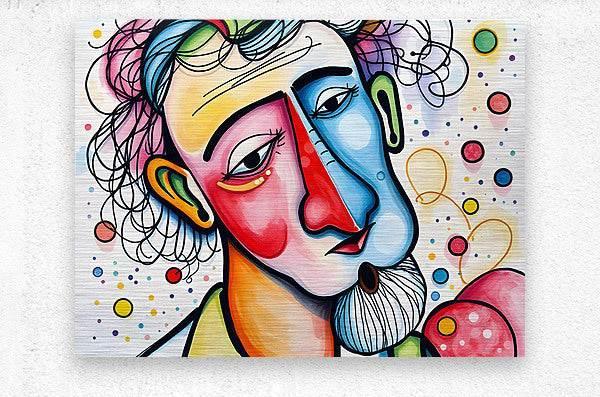 Abstract portrait artwork of two split faces with curly hair swirls and dot splashes