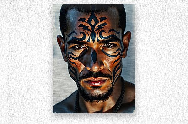 Small tribal face portrait artwork of a man with blue and orange face paint, centered.