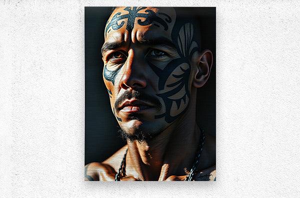 Tribal portrait wall art of a man's face with blue and dark body paint, centered