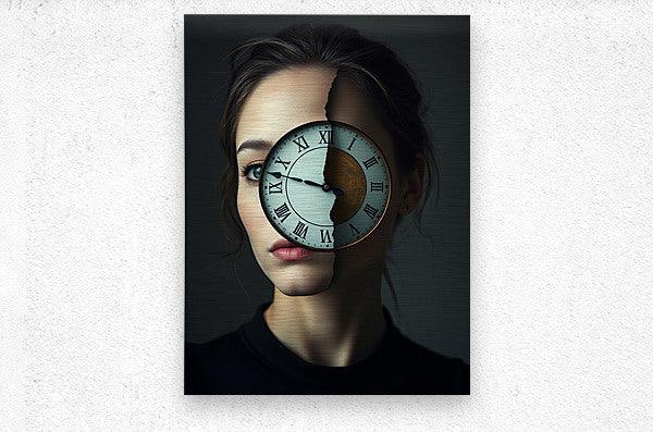 Framed surreal portrait wall art: woman’s face with clock overlay, dark top.