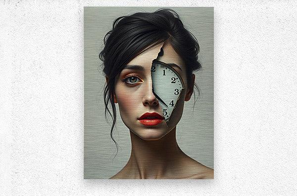 Contemporary portrait wall art of a woman with red lips and a clock graphic on her face