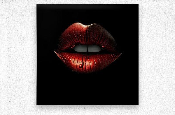 Square print of red metallic lips on black background, glossy highlights and lip lines