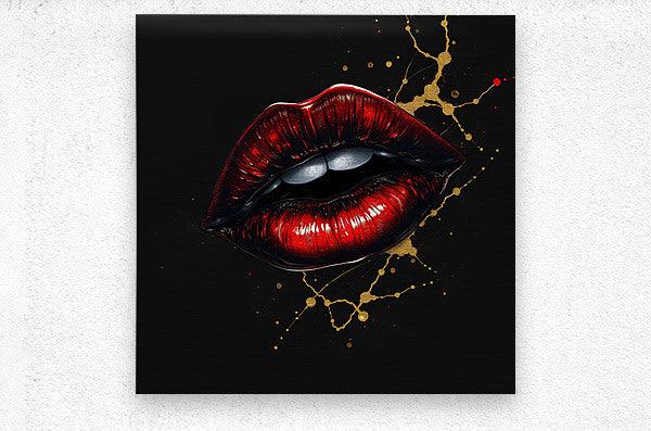 Red and gold lips artwork on a black square, gold speckles and beaded lines