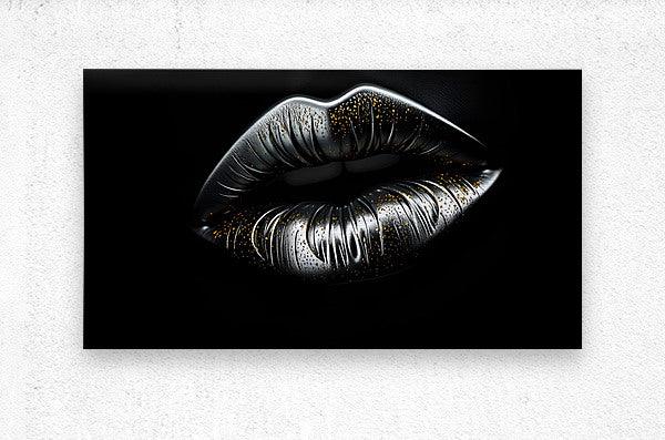 Silver and gold dust lips wall art on black background, rectangular print