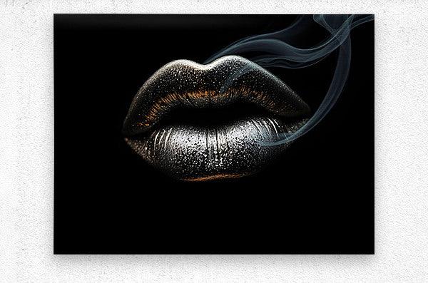 Metallic silver lips art with smoke curl, dark canvas with minimal framing