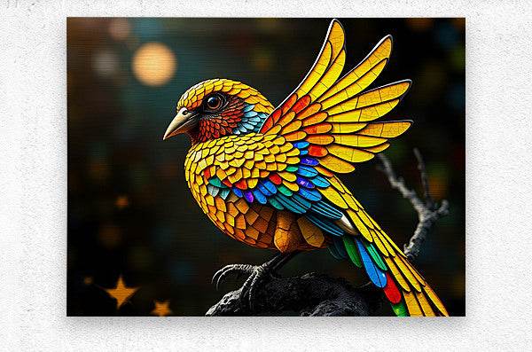 Stained-glass style bird wall art with bright mosaic wings and red accents