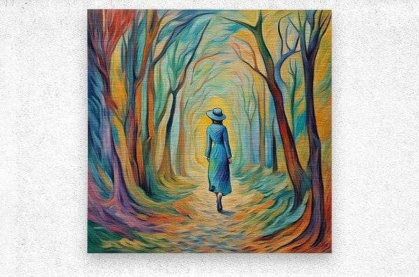 Square forest landscape print with a woman in blue dress and hat walking down a brightly colored path