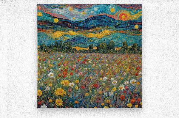 Square landscape canvas print with blue swirls, colorful blooms, and a starry-looking sky