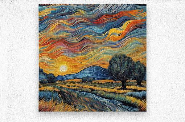 Square landscape print with swirling multicolor sky, sun, and dark trees