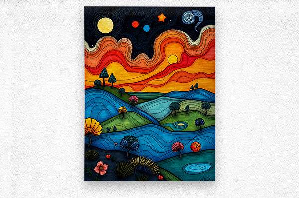 Abstract landscape print featuring a moon, stars, and layered blue, green, and orange hills.