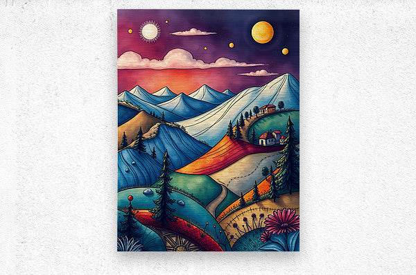 Abstract landscape wall art with blue mountains, orange ribbon road, and yellow planets