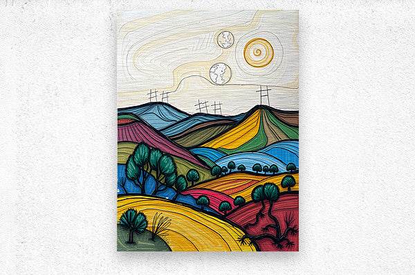 Abstract landscape canvas art with colorful layered hills, trees, and spiral moon and globe icons
