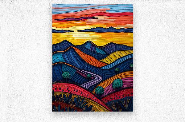 Abstract landscape wall art with layered mountains and striped orange, blue, and purple sky.