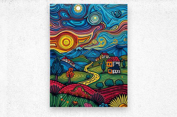 Abstract landscape artwork on light wall, swirling blue sky and village path in vivid colors