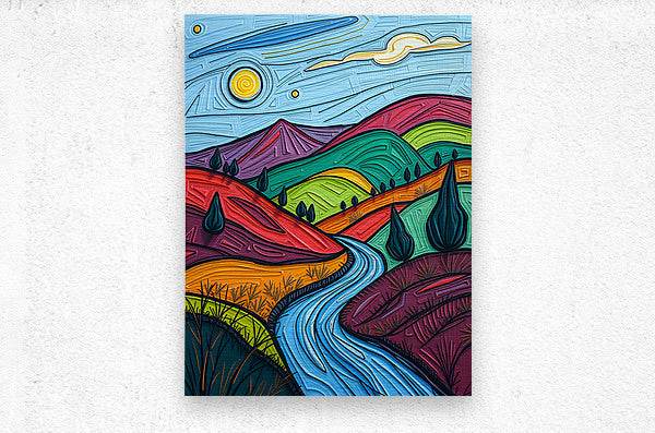 Abstract landscape print with textured winding blue river and vivid multicolor hills.