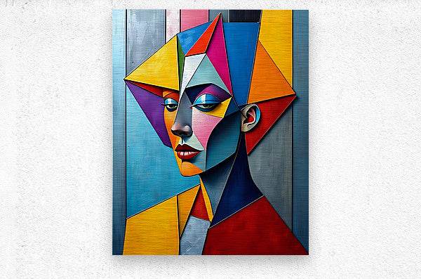 Geometric cubist portrait artwork, centered square print showing a colorful geometric female face.