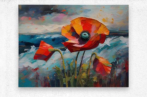 Canvas print showing orange and red poppy flowers with teal centers and green stems