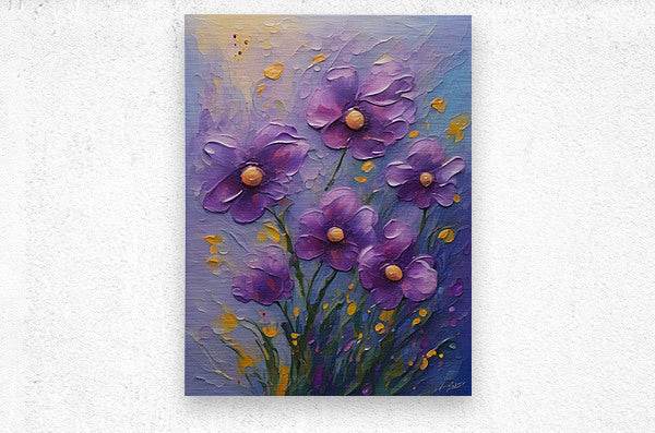 Purple flower painting on canvas print with gold speckles and textured surface.