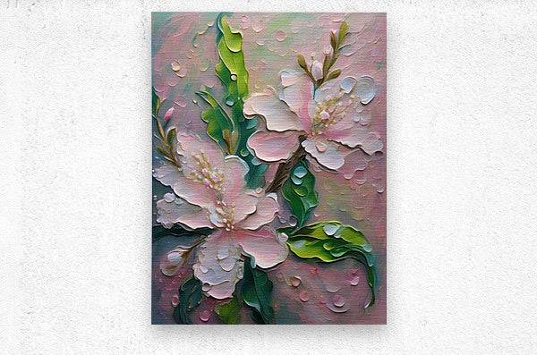 Small square textured floral print with pink blossoms and green leaves, raised 3D texture