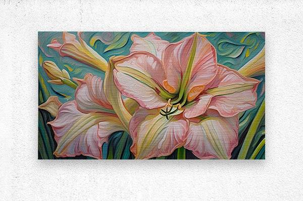 Floral canvas print with a prominent pink lily blossom and teal-green background