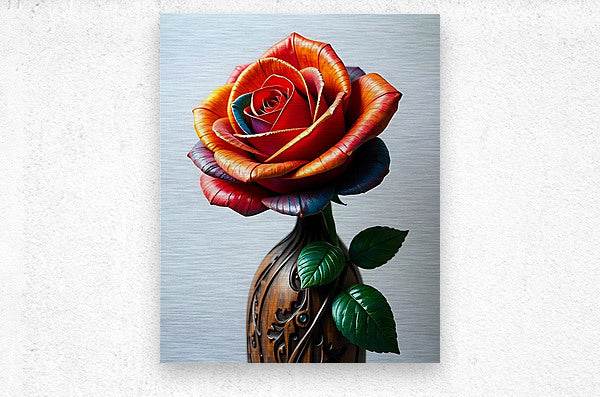 Rose wall art print with orange-yellow and red petals, green leaves, and stem
