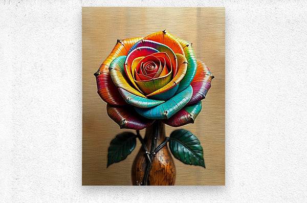 Metallic rainbow rose wall art print with layered petals and green leaves