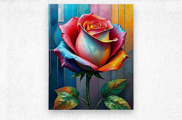Colorful stained-glass rose wall art print with vivid petals and green leaves in a square frame
