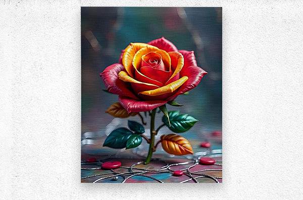 Tall rose print with glossy yellow and red petals and green leaves on a blue background