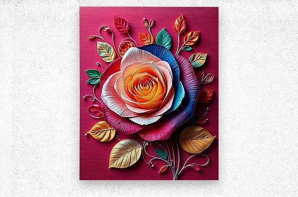 Paper-quilled rose square artwork with orange center, blue outer petals, and green leaves