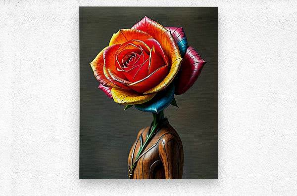 Rose art print on light surface, red metallic bloom with rainbow-edged petals