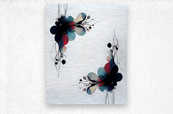 Abstract floral wall art print with black blossoms, teal and red petals, and fine lines.