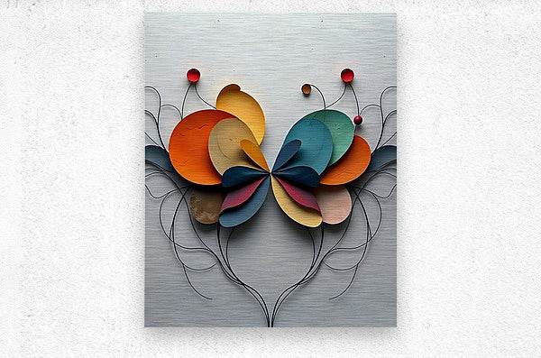 Square abstract floral wall art featuring red, orange, blue, and yellow petals with black wires