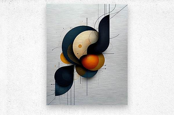 Framed abstract geometric wall art with dark navy petals, cream oval center, and orange sphere