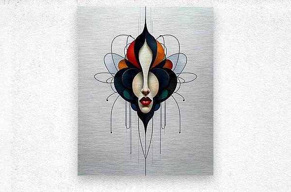 Close-up surreal portrait wall art print with pale face, red lips, dark blue petals, and orange glow