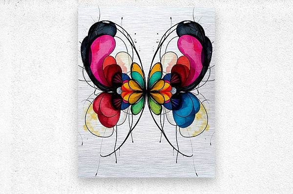 Square abstract butterfly wall art with pink, red, blue wings and multicolor center motif.