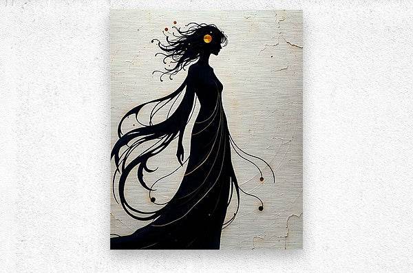 Stylized figure wall art: black silhouette woman with flowing hair and gold head ornament