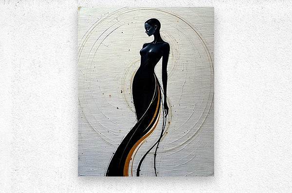 Sculptural figure wall art detail: black woman profile silhouette with gold accent stripe.