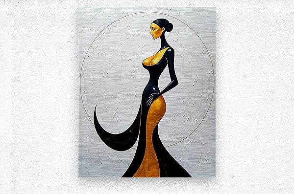 Art deco woman silhouette print with black body, gold accents, and flowing curve.