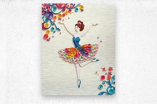 Quilled paper ballerina print, blue tutu with rainbow curled-paper flowers
