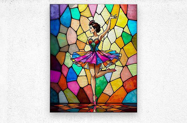 Framed canvas print of a ballerina posing in a colorful stained-glass mosaic scene.