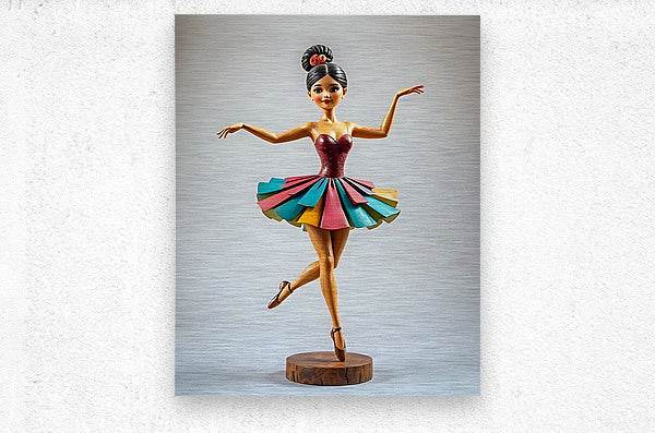 Ballerina canvas art: maroon leotard, multicolor tutu skirt, on round wooden base.