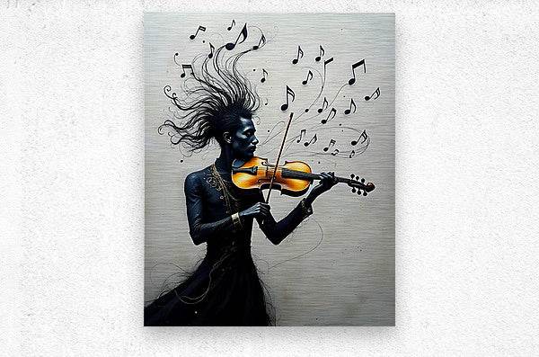 Rectangular wall art print of violinist woman in black dress with orange violin and notes