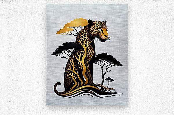 Jaguar canvas print with golden spotted body, black tribal trees, and wavy stripes