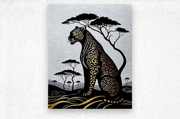 Leopard and tree art print with gold accents on light gray background